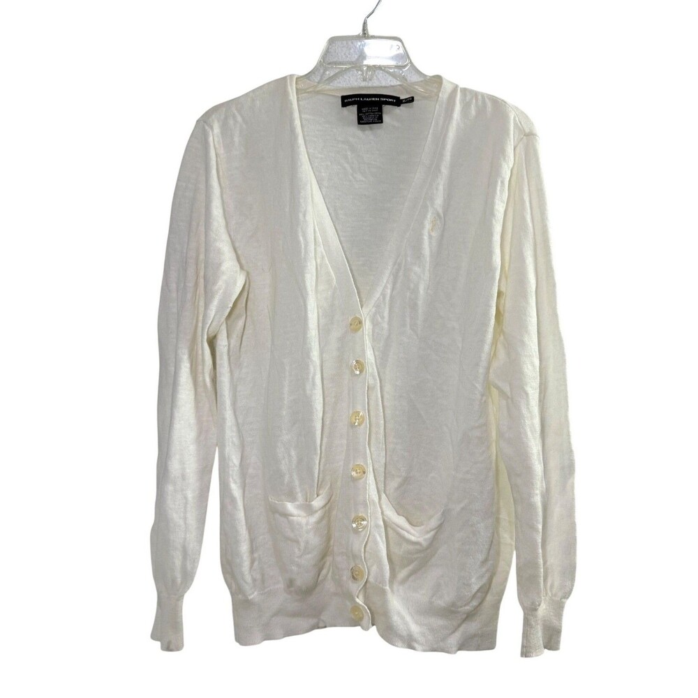 Ralph Lauren Sport Off White Cardigan Cotton Linen Blend V-Neck Pockets Womens X